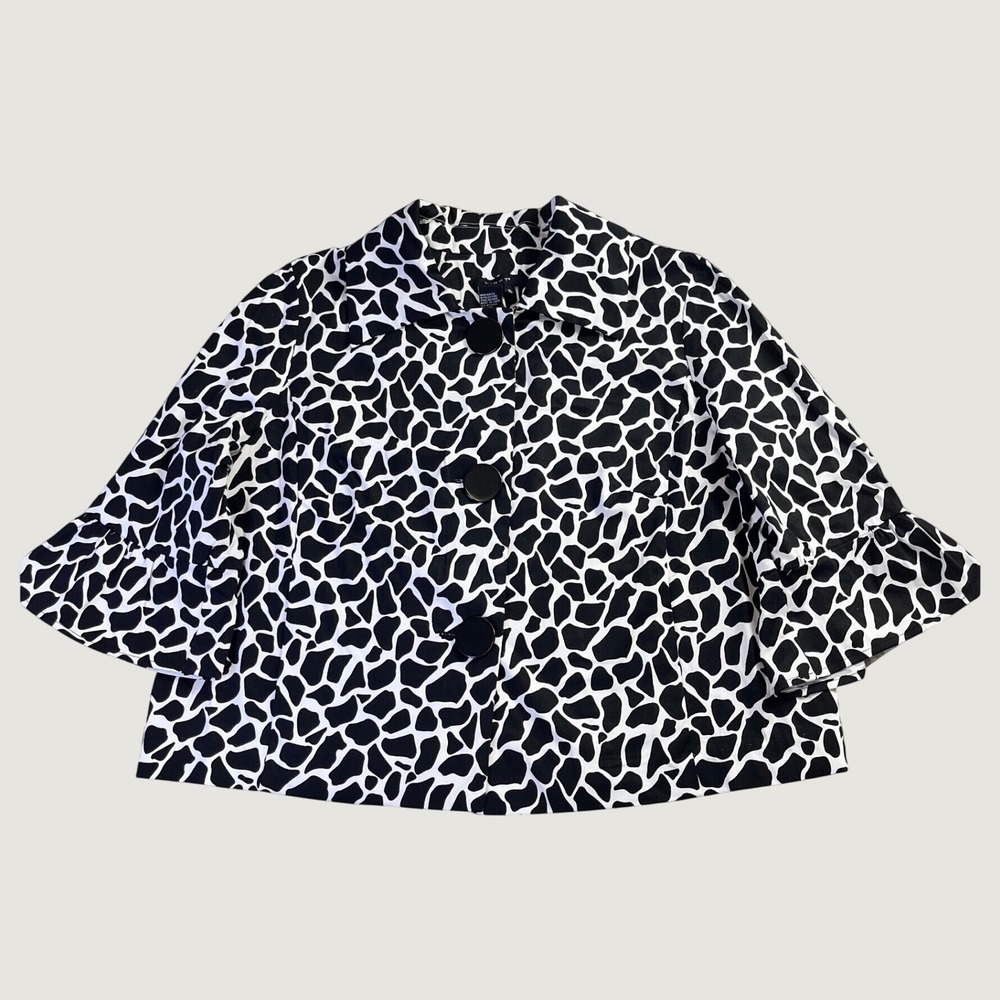 Light Giraffe Print Cropped Jacket Black White Ruffle Sleeve sz XL Chic Office